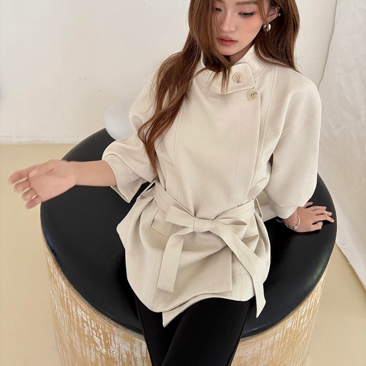 Beige High-Neck Waist Tied Coat