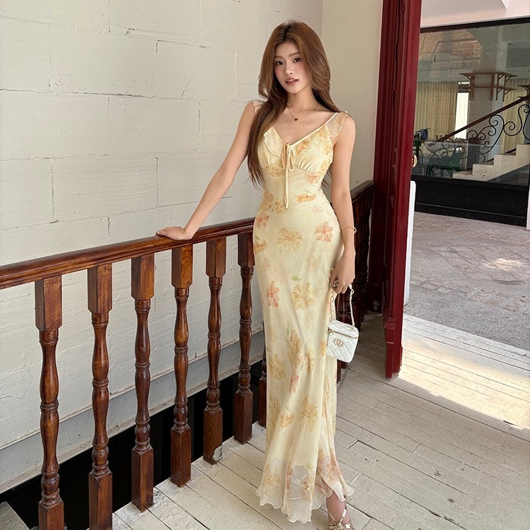 Yellow Light Floral Ruffle Maxi Dress
