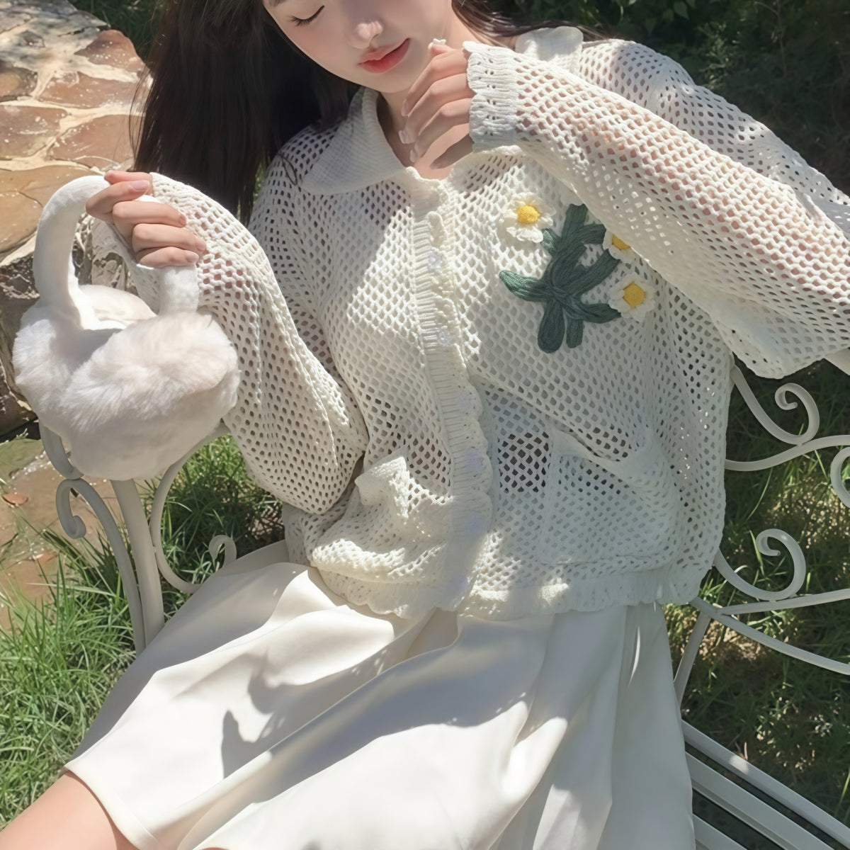 Sunflower Crochet Net White Sweater