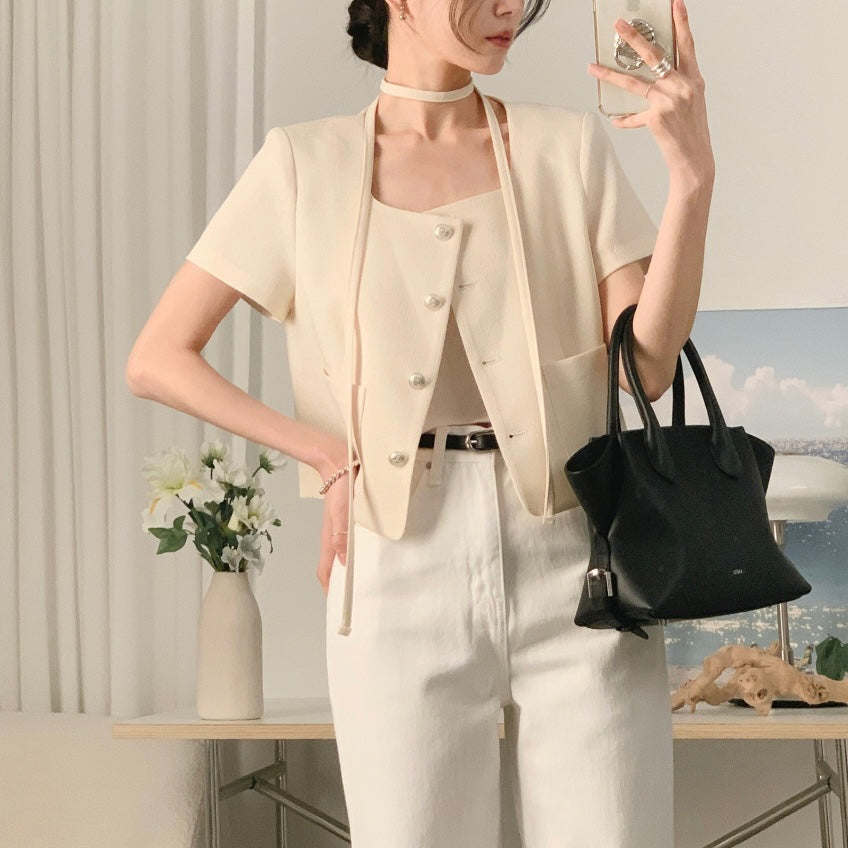 Button-Up Short-Sleeve Blazer