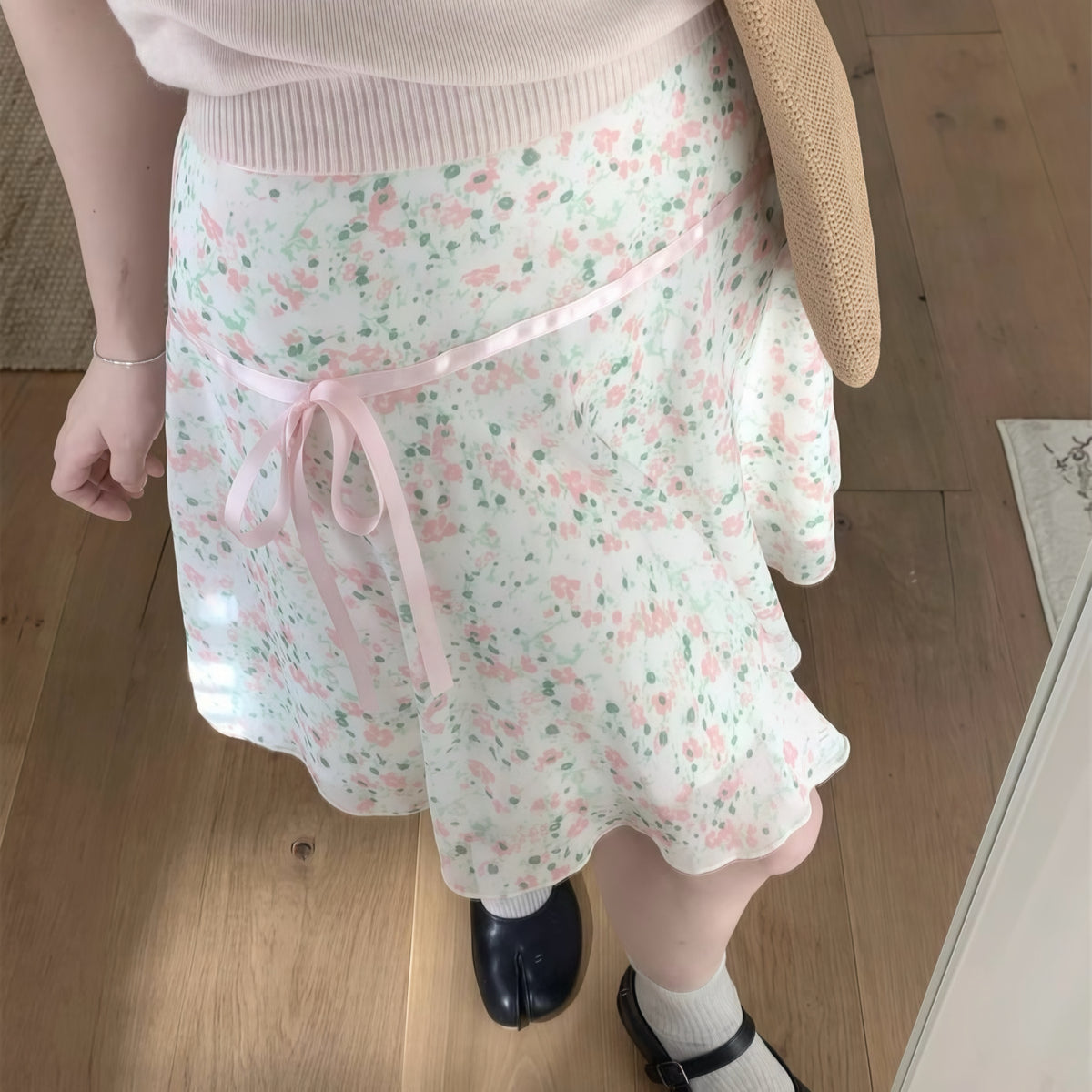 Pink Ribbon Floral A-Line Skirt