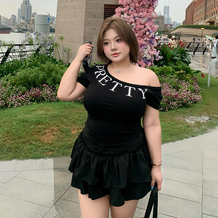 Pretty Single Off Shoulder Top Ruffle Skirt Set