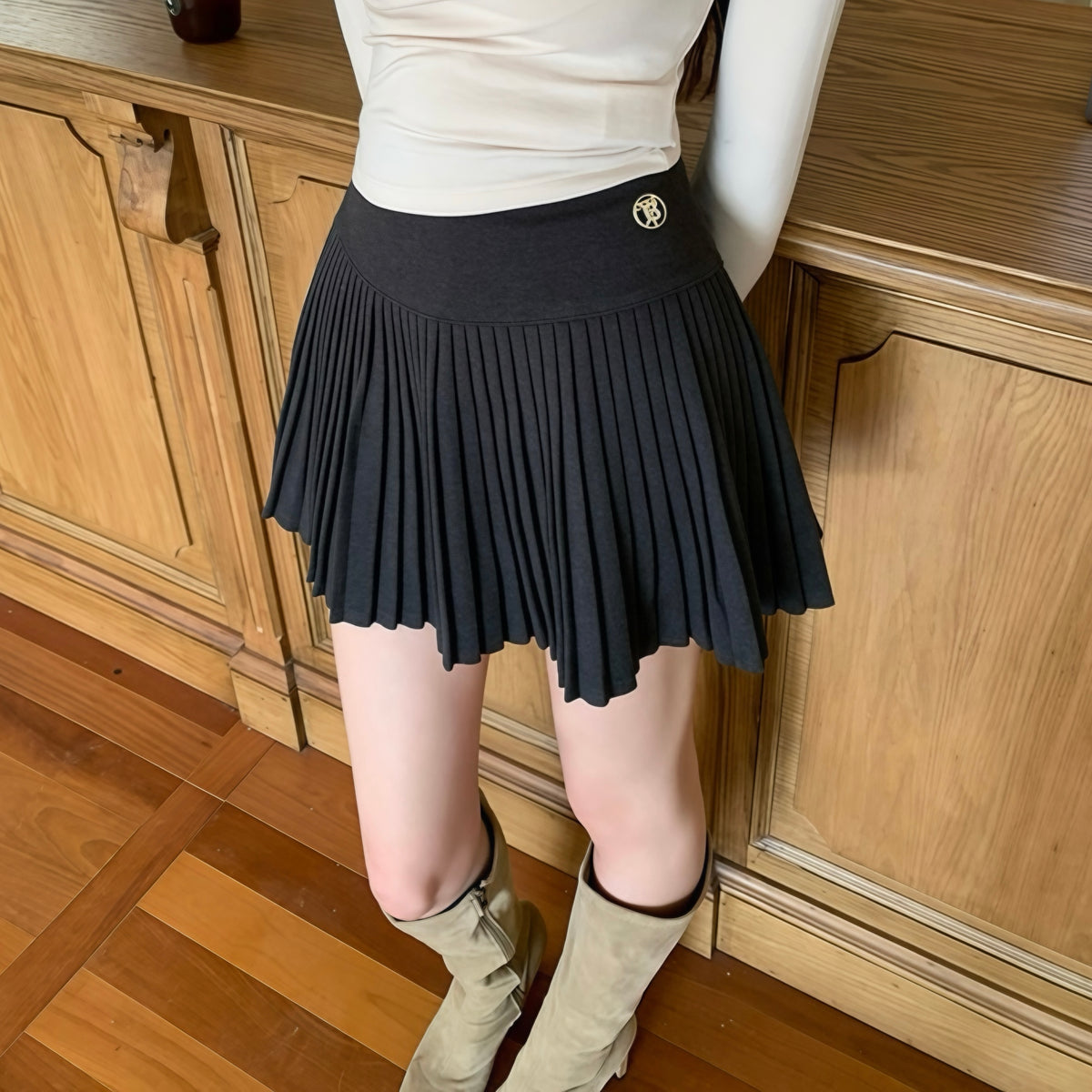 Thick Pleated Gold Button Skirt