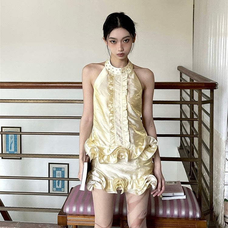 Yellow Gold Halter Swirl Hem Set