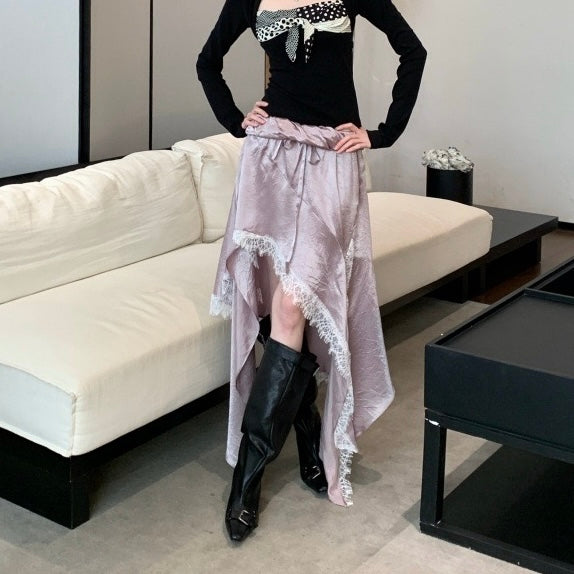 Lilac Silk Lace Trim Asymmetric Long Skirt