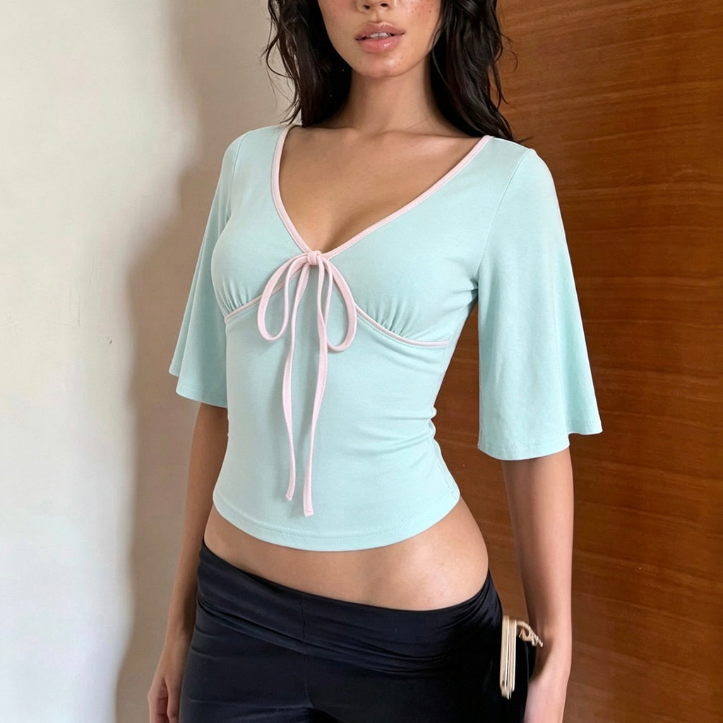 Aqua Middle Pink Ribbon Top