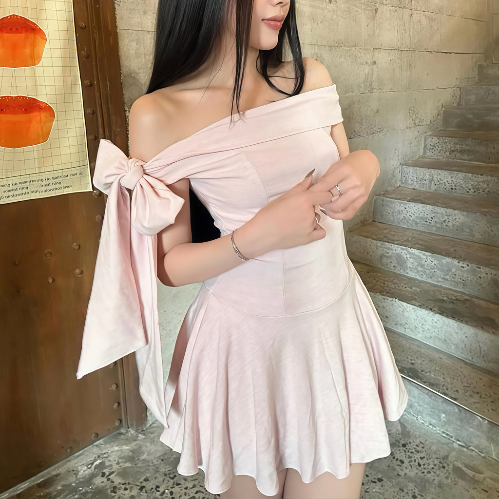 Pale Pink Ribbon Off-Shoulder Dress