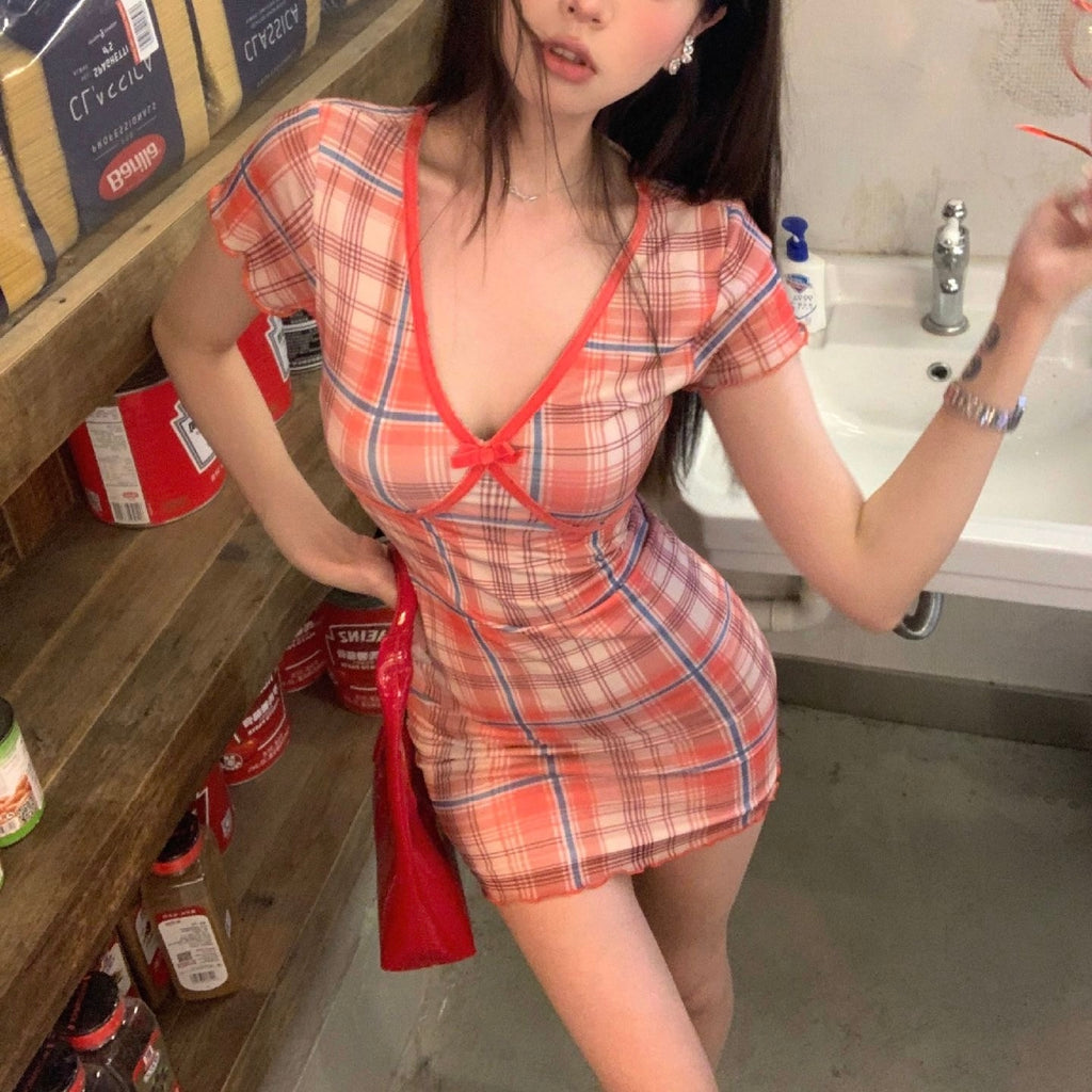 Red Plaid Blue Accent Short Sleeve Dress