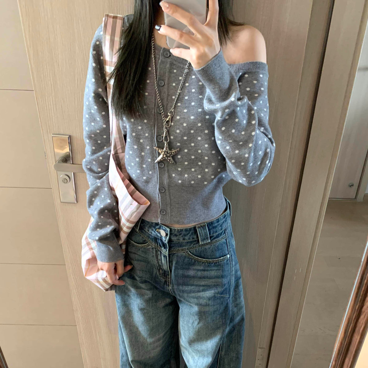 White Dot Grey Off-Shoulder Sweater