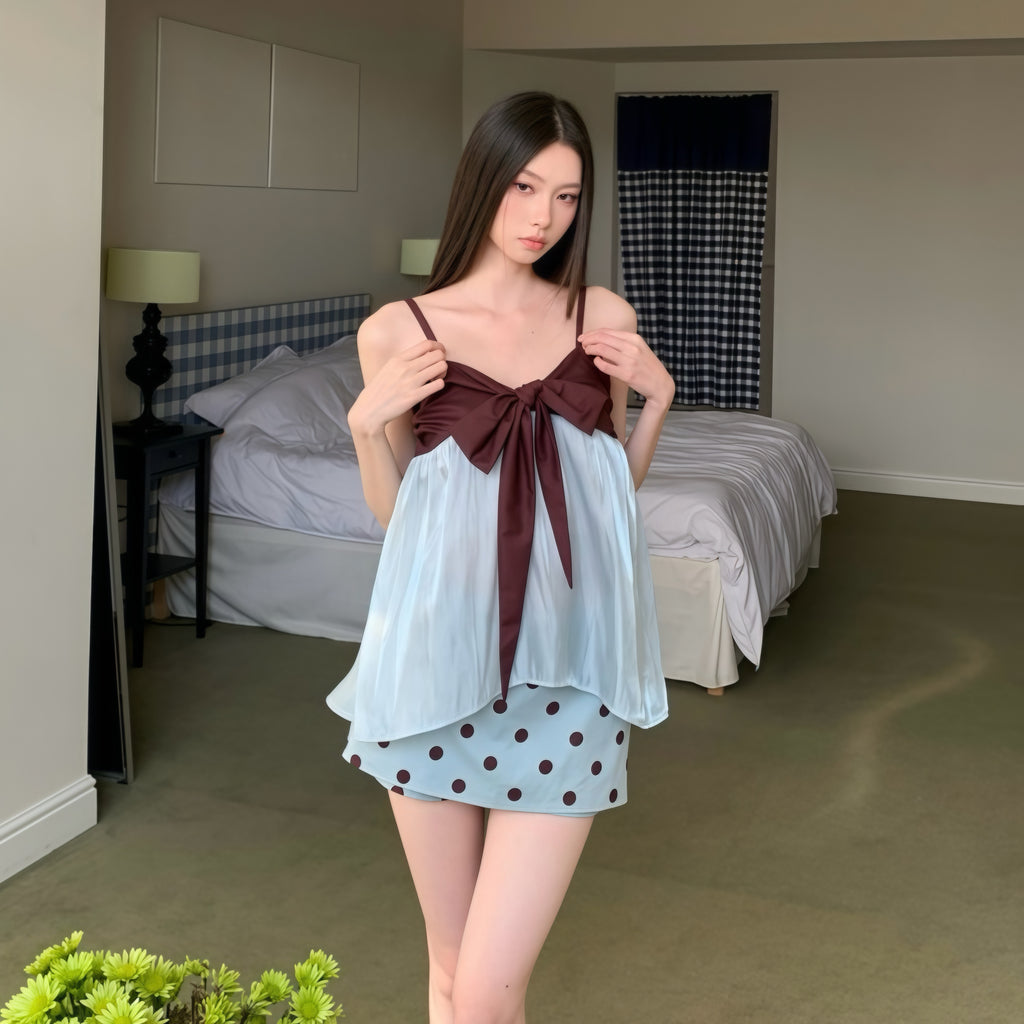 Brown & Blue Camisole Polka Dot Skirt Set
