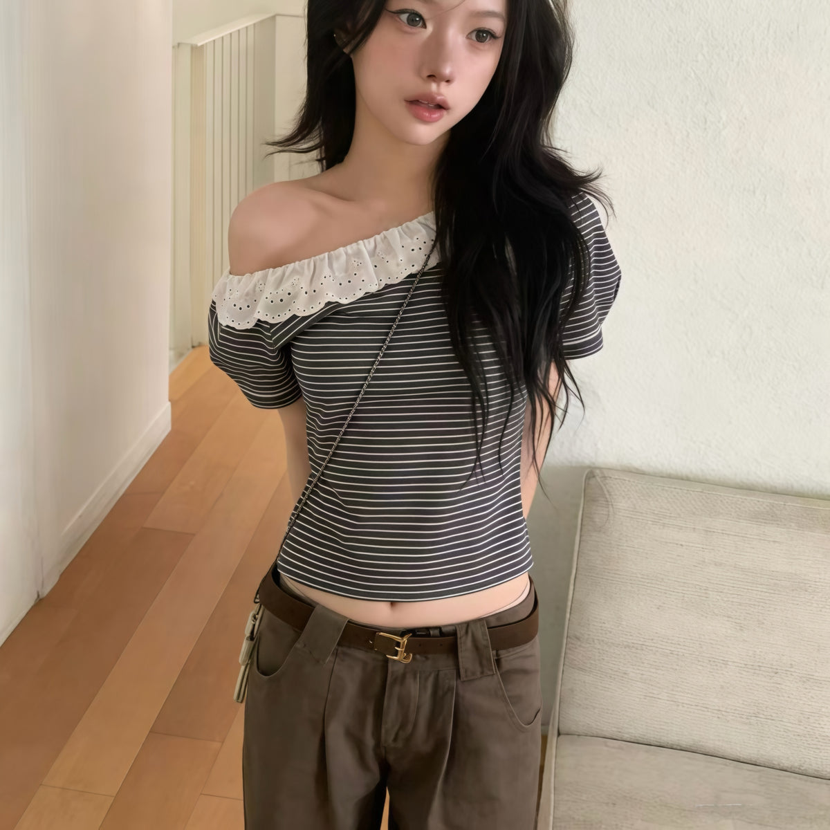 Black Stripe Frill Single Off Shoulder Top