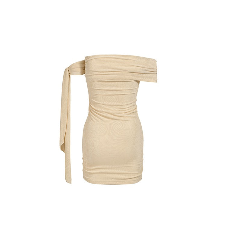Beige Off-Shoulder Knot Tie Sleeve Dress