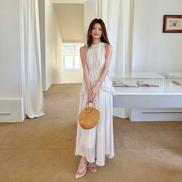 Beige Pleated Maxi Halter Dress