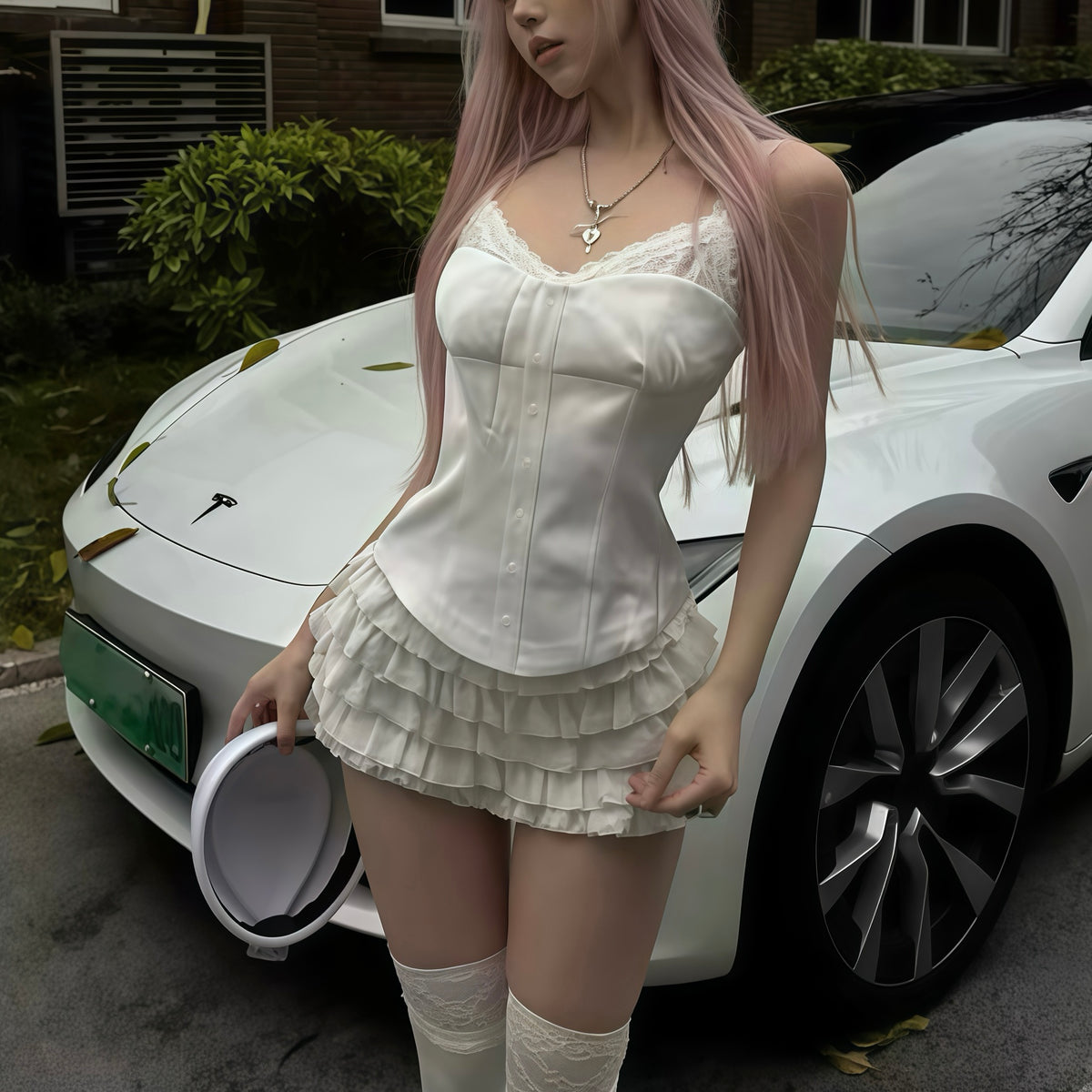 White Lace Strap Corset Ruffle Skirt Set