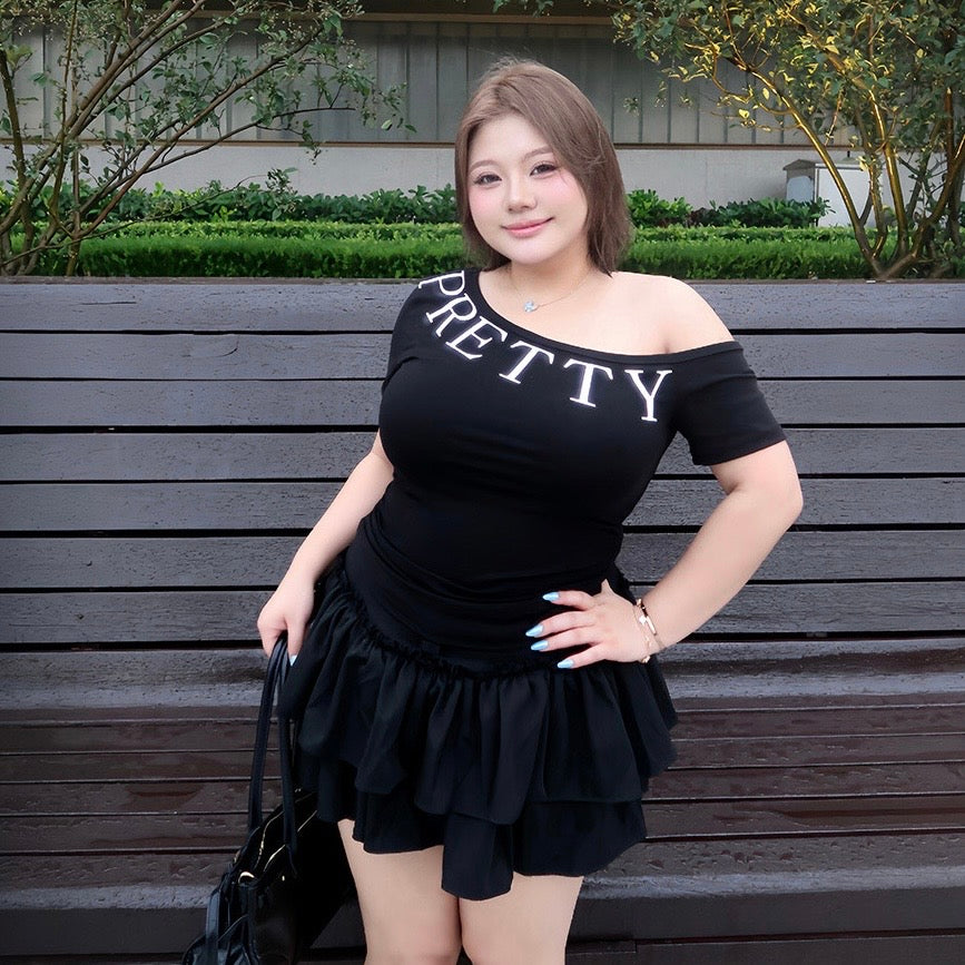 Pretty Single Off Shoulder Top Ruffle Skirt Set