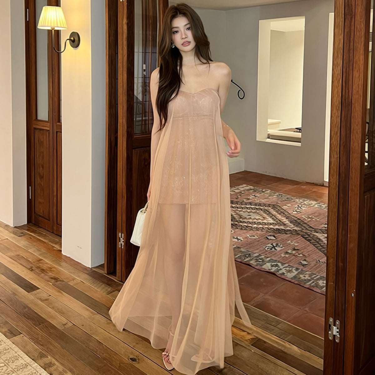 Nude Corset Maxi Mesh Outer Mini Dress