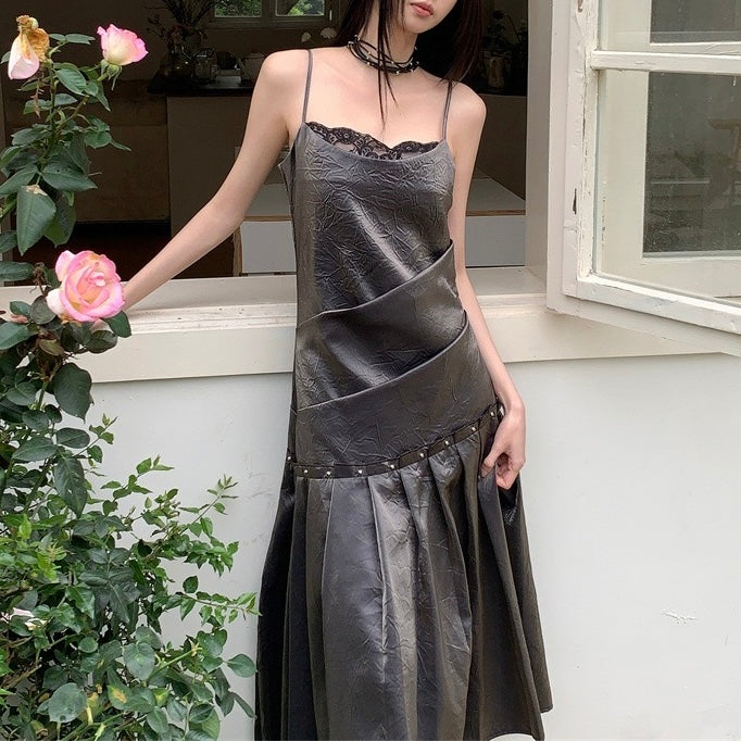Gothic Charcoal Slip Pleated Long Dress