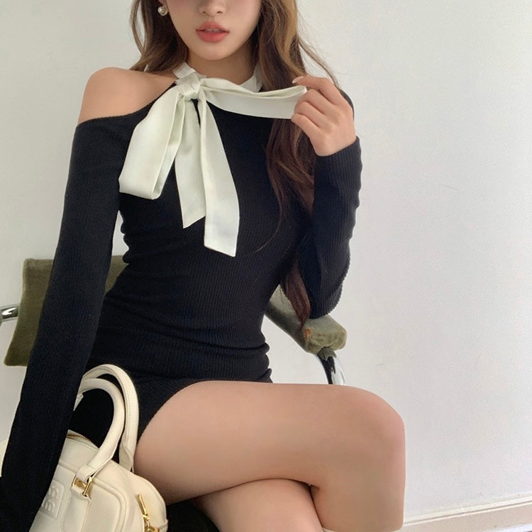 Ribbon Neck Tie Black Dress