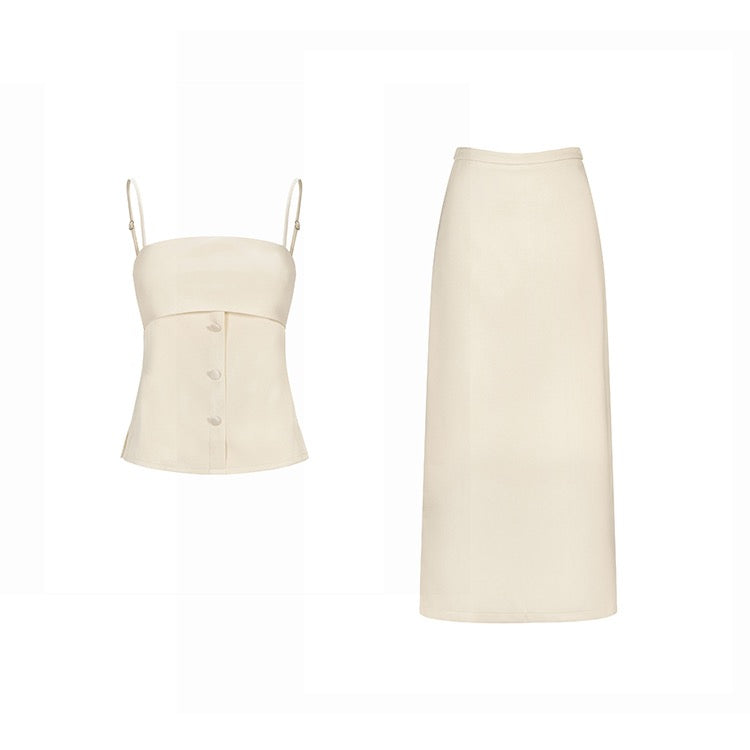 White Satin Camisole Maxi A-Line Skirt Set
