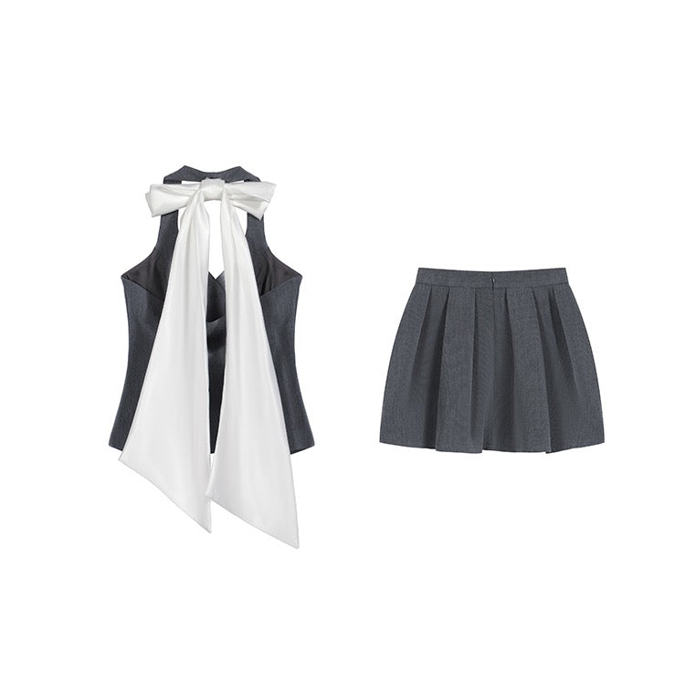 Grey Vest Skirt Back Ribbon Set