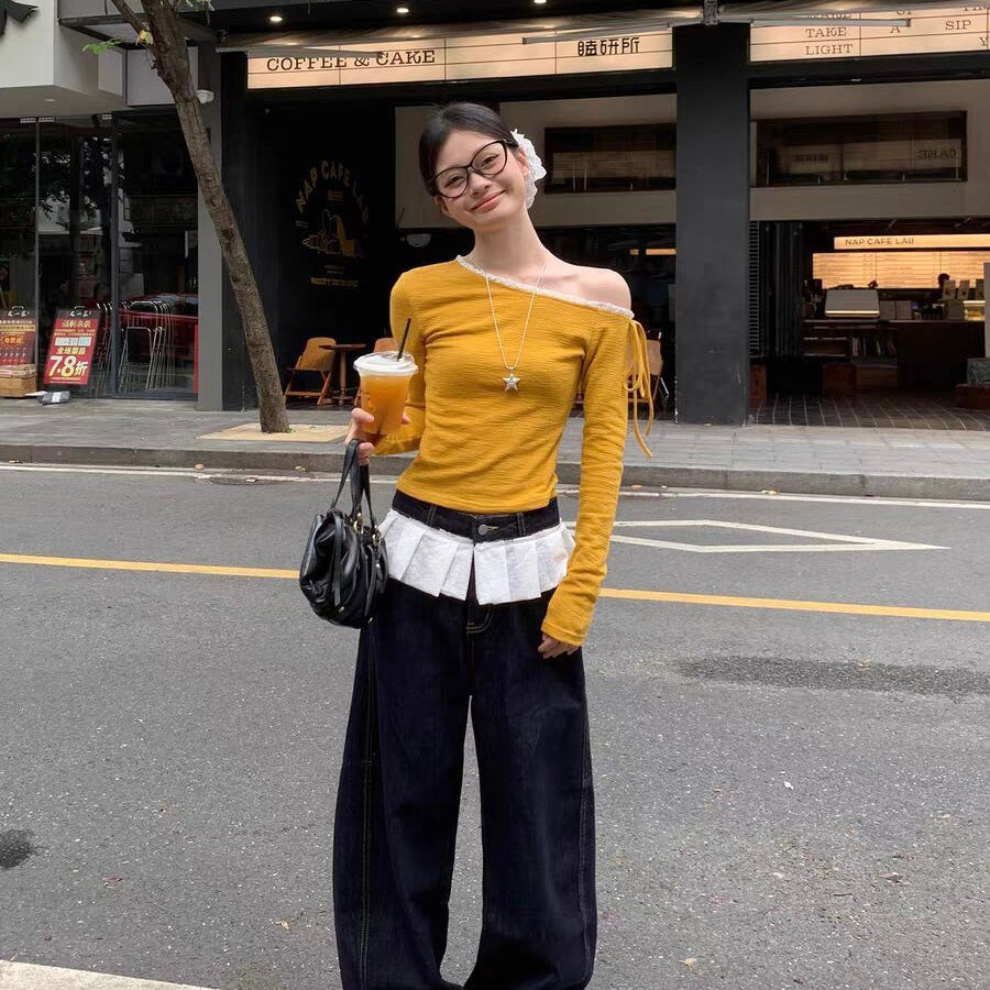 Yellow Single Off-Shoulder Sleeve Tied Top