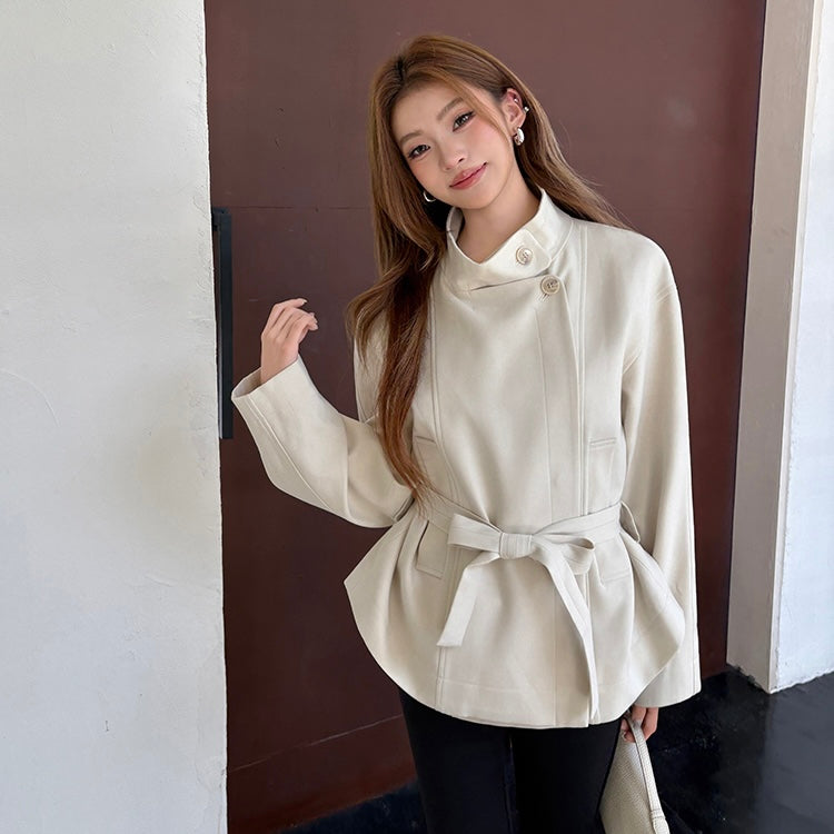 Beige High-Neck Waist Tied Coat
