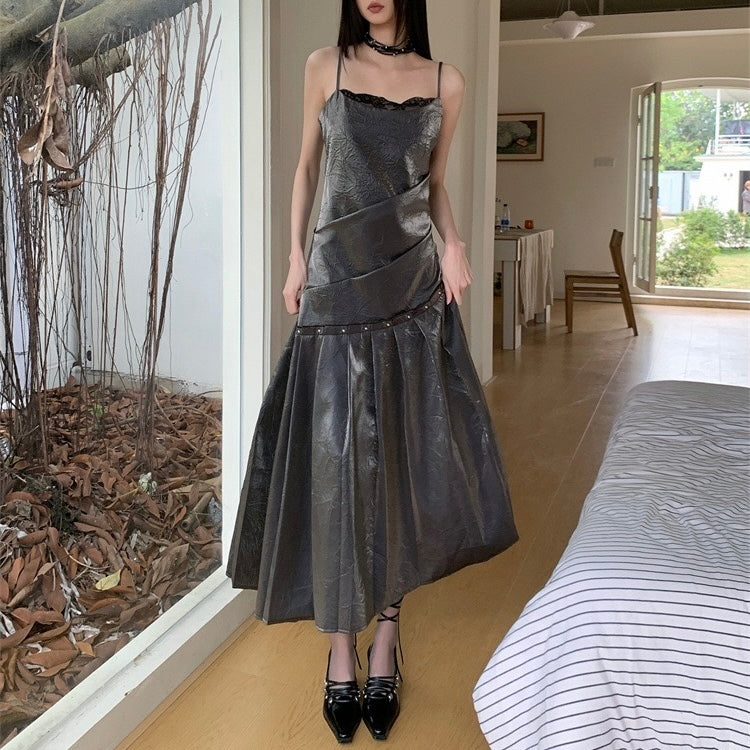 Gothic Charcoal Slip Pleated Long Dress
