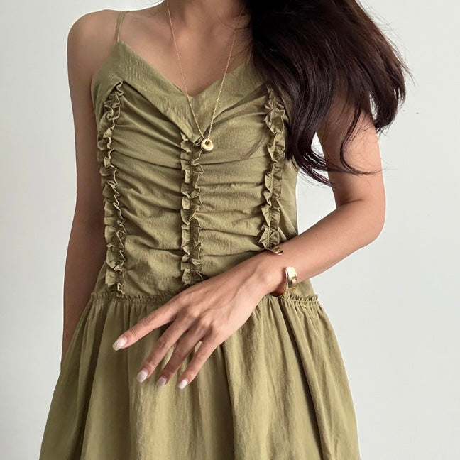 Front Triple Line Ruffle Maxi Dress