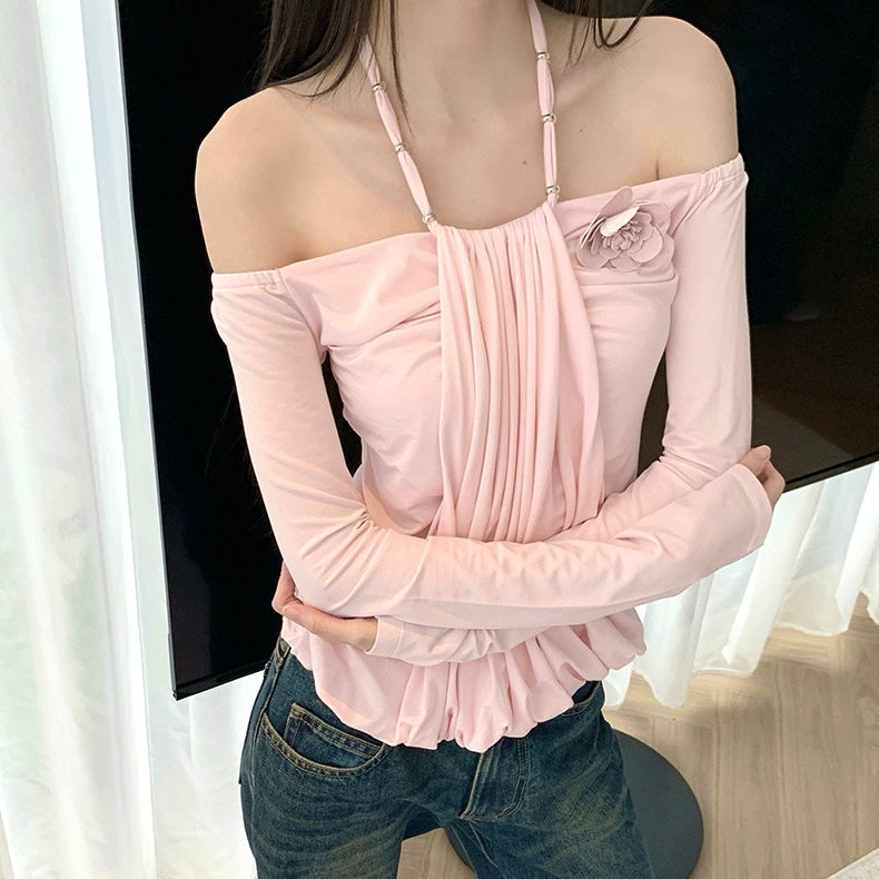 Pink Halter String Off-Shoulder Top