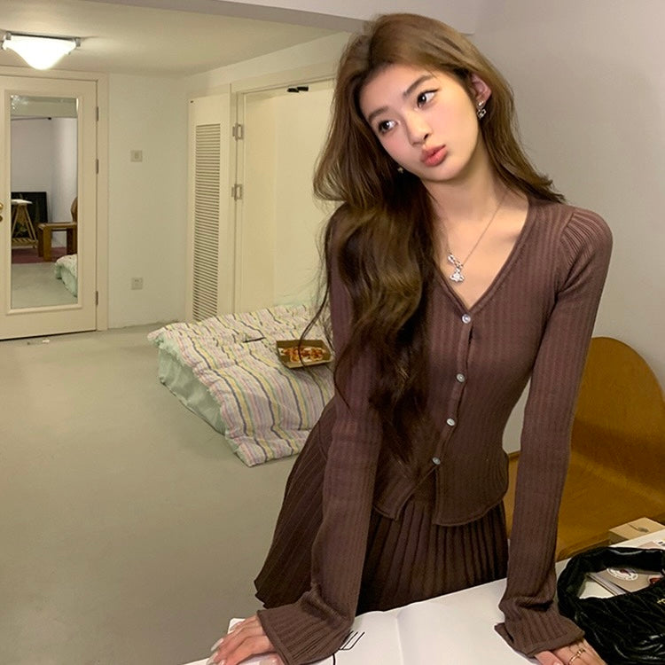 Knit Button-Up Sweater Pleated Skirt Set
