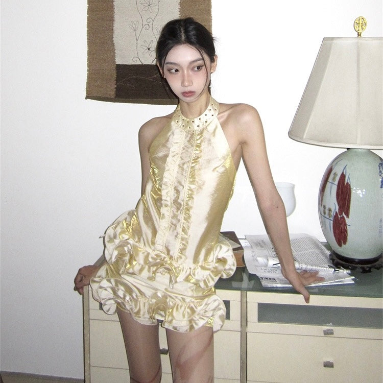 Yellow Gold Halter Swirl Hem Set
