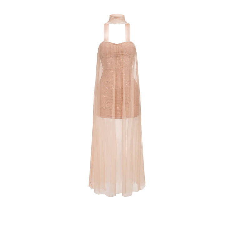 Nude Corset Maxi Mesh Outer Mini Dress