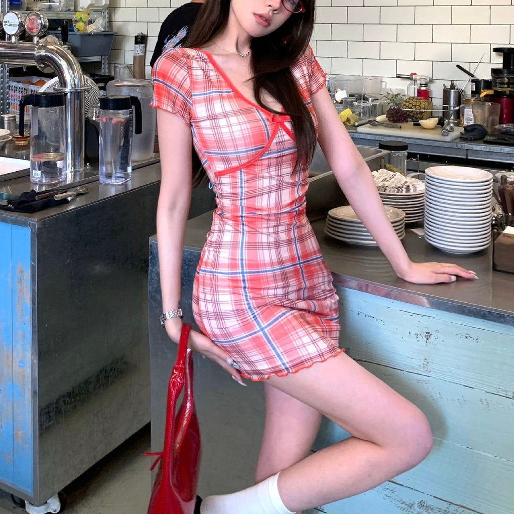 Red Plaid Blue Accent Short Sleeve Dress