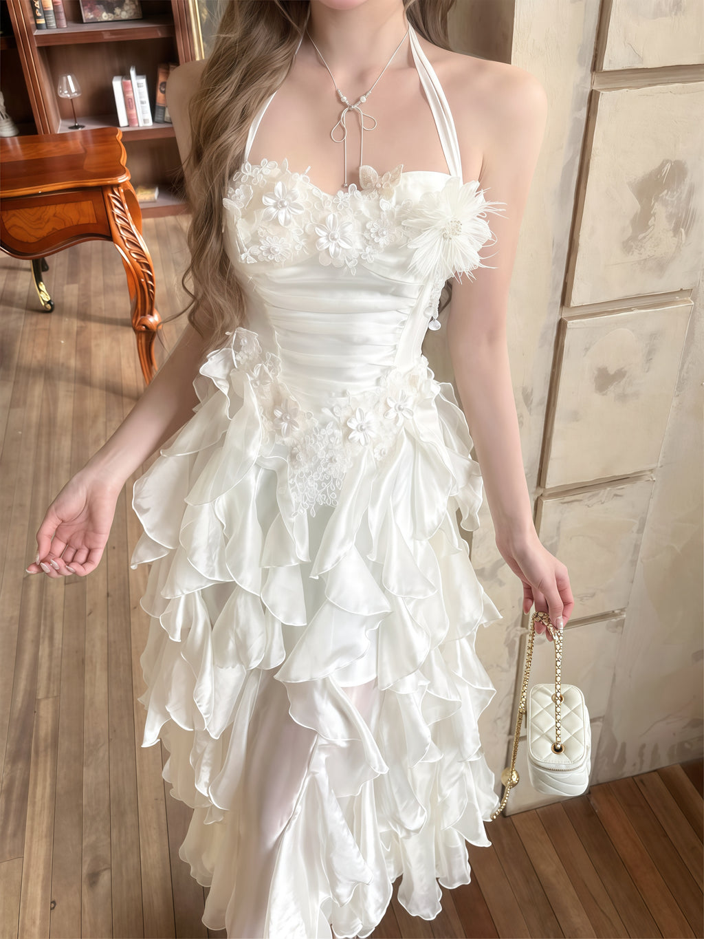 White Ruffle Back Ribbon Gown