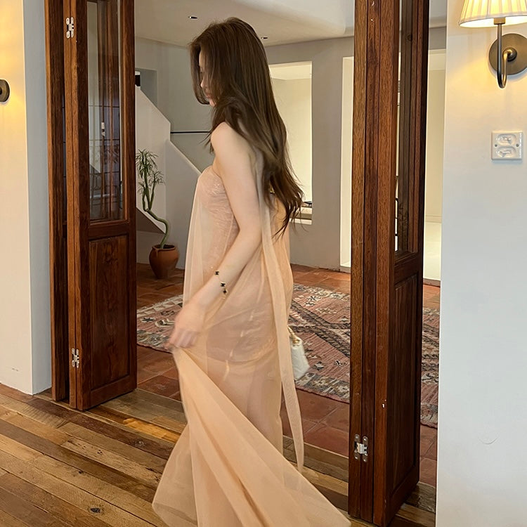 Nude Corset Maxi Mesh Outer Mini Dress