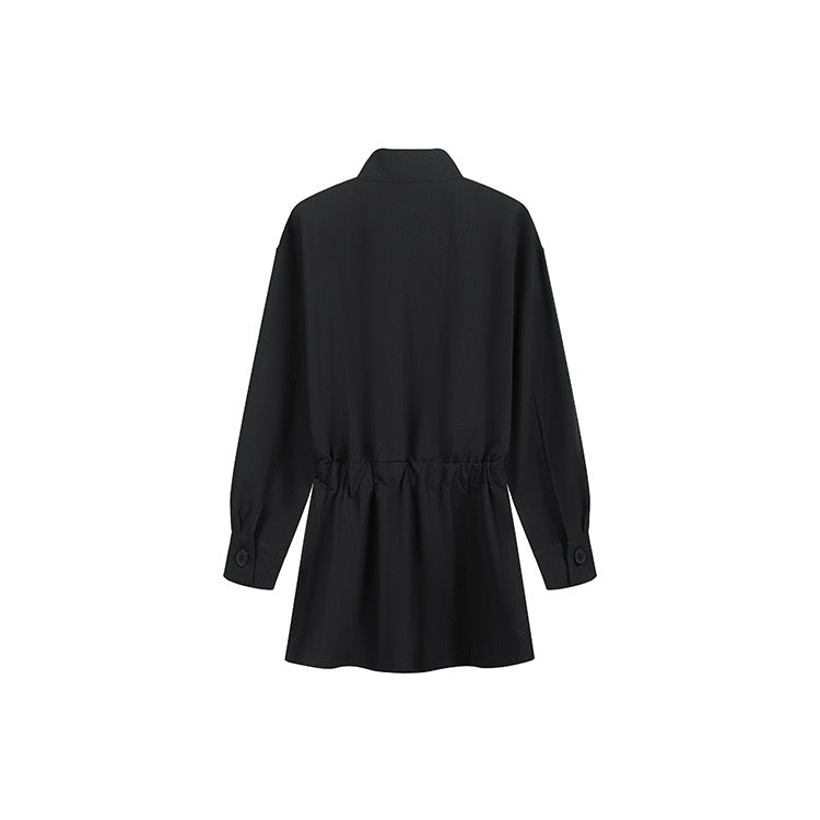 Black Button Long-Sleeve Pleated Dress