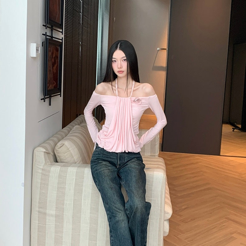 Pink Halter String Off-Shoulder Top