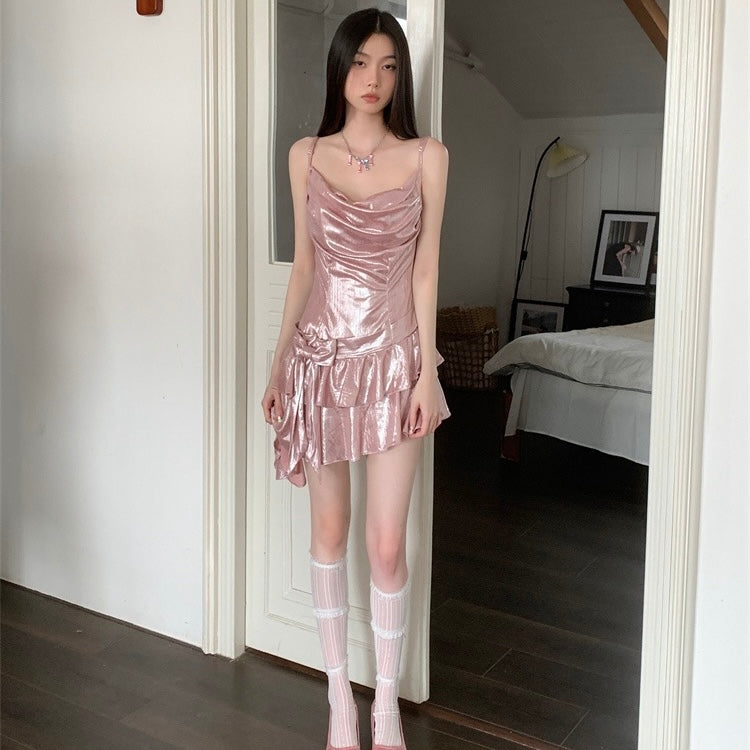 Pink Shiny Ruffle Hem Dress