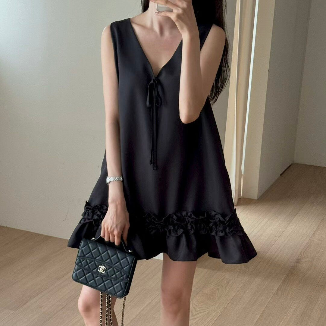 V-Neck Satin Ruffle Hem Slip Dress