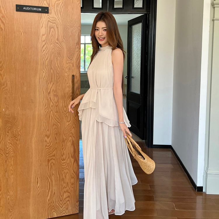 Beige Pleated Maxi Halter Dress