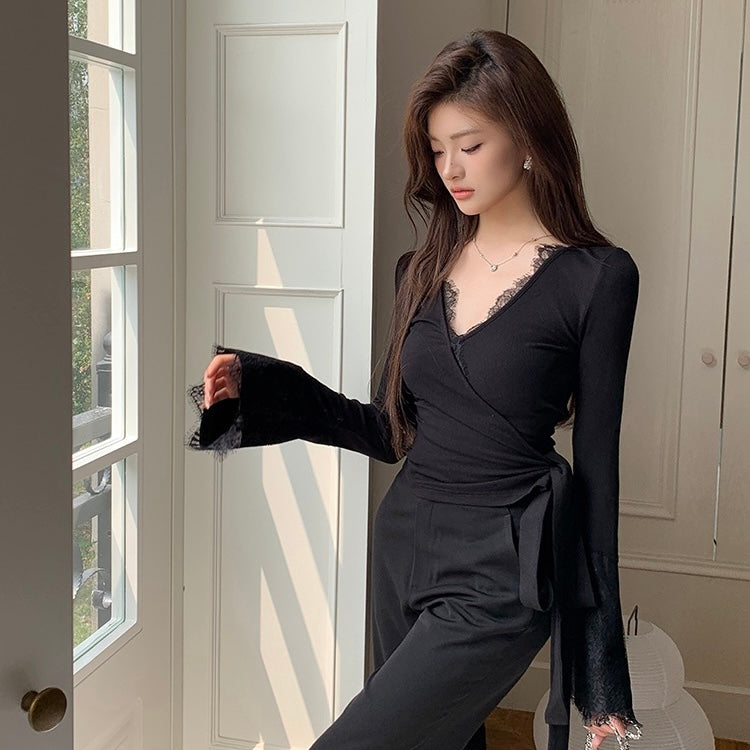 Black Lace Trim Trumpet Sleeve Waist Tied Top