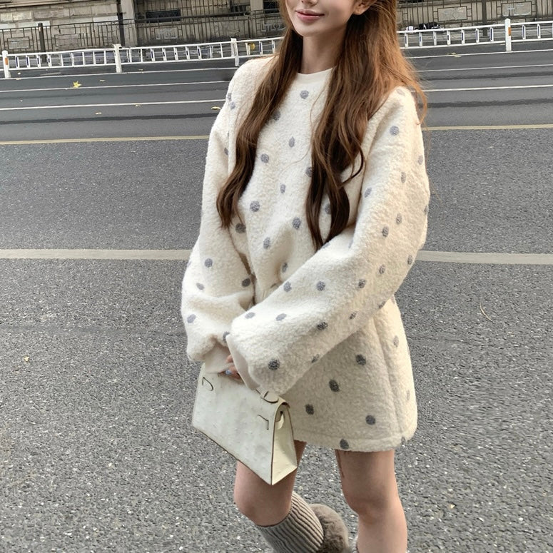 Beige Purple Polka Dot Sweater Skirt Set