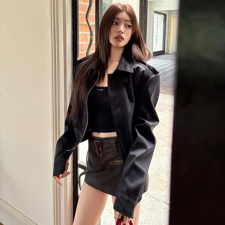 Black Wide Shoulder High Zip-Up Jacket