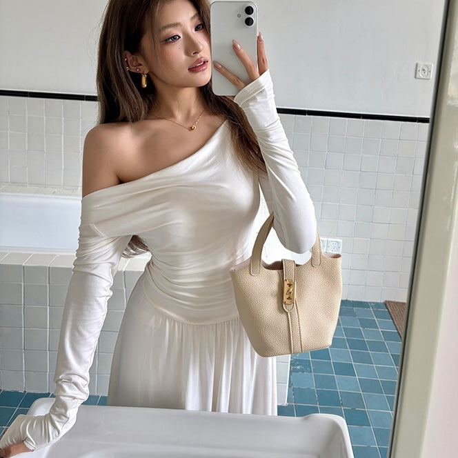 White Single Off-Shoulder Long Sleeve Maxi Dress