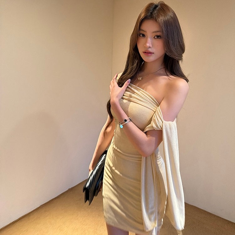 Beige Off-Shoulder Knot Tie Sleeve Dress