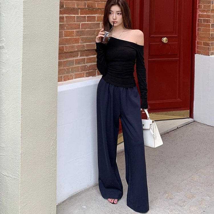 Navy Stretch Waist Straight Pants