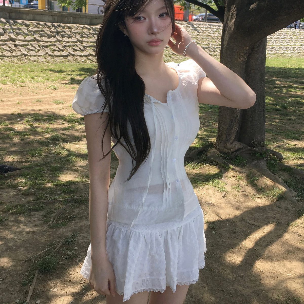 Ribbed Puff Sheer Short Sleeve Top