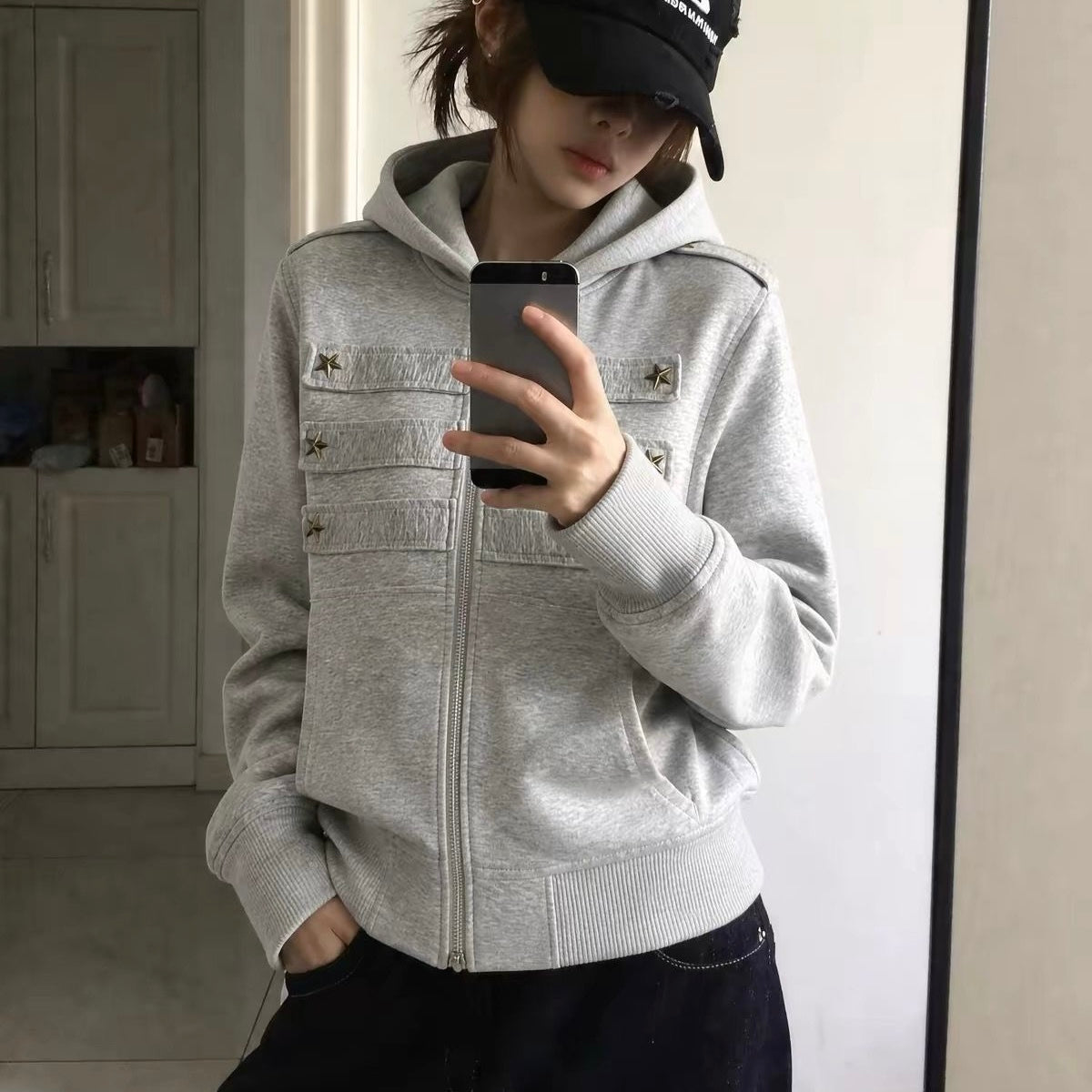 Grey Star Stud Zip Hoodie
