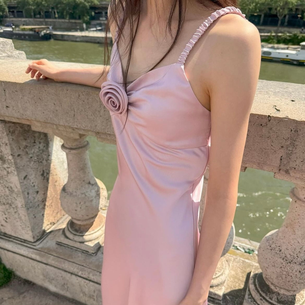 Satin Rose Neck Slip Maxi Dress
