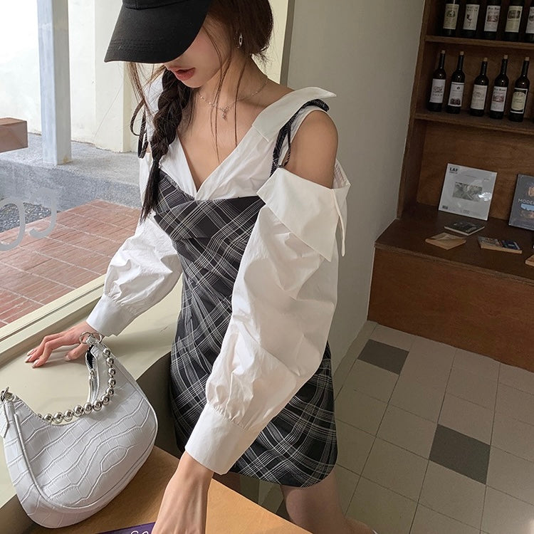Layered Grey Plaid White Sleeve Dress